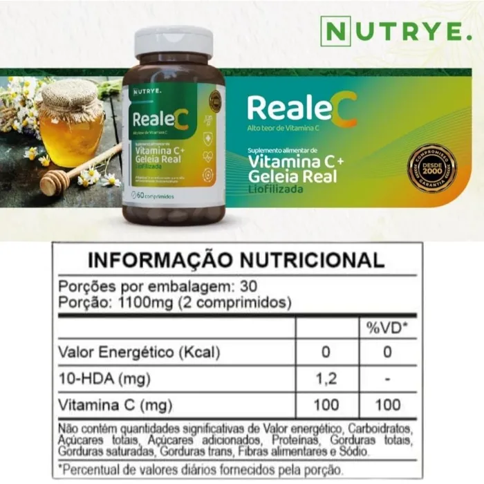 Vitamina C + Geléia Real Liofilizada - 60 Comprimidos