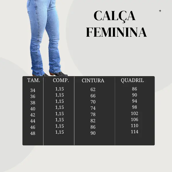 Tabela de medidas calçajeans feminina