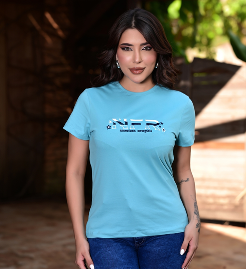 Camiseta Feminina Azul Claro Bordada NFR