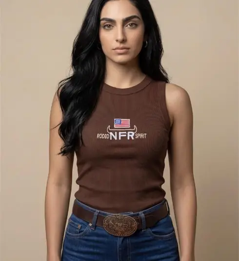 Regata Feminina NFR Canelada – Marrom “Rodeo NFR Spirit”