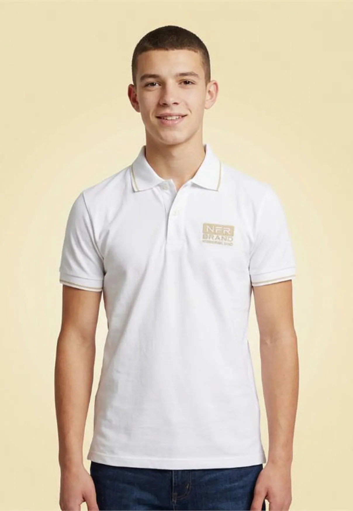 Polo Masculina NFR – Branco com Dourado