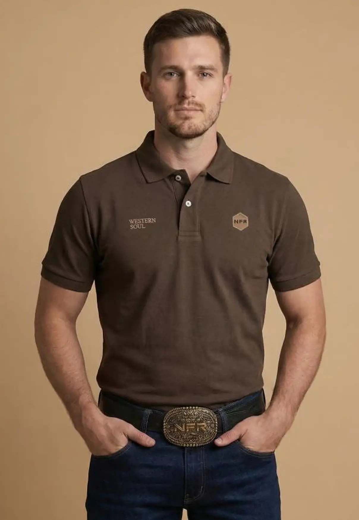 Polo Masculina NFR – Marrom Western