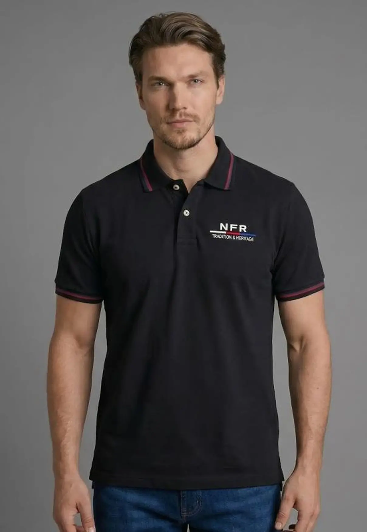 Polo Masculina NFR – Preto com Friso Tricolor