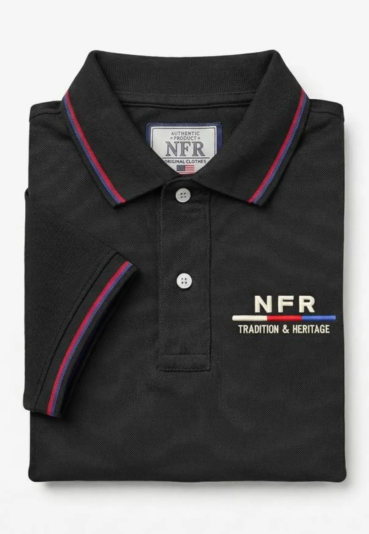 Polo Masculina NFR – Preto com Friso Tricolor