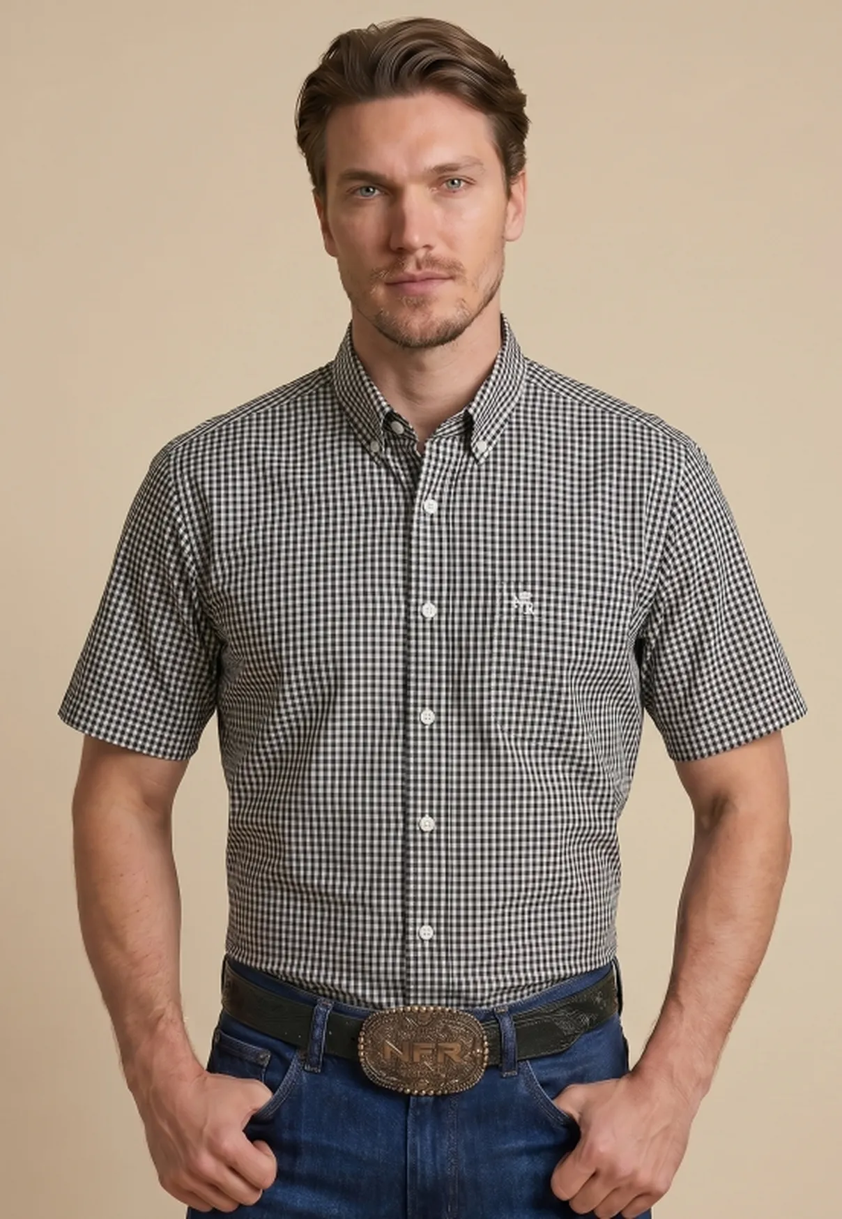 Camisa Masculina NFR Xadrez Black Premium Manga Curta