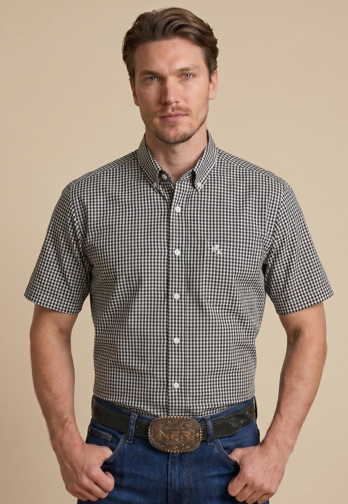 Camisa Masculina NFR Xadrez Black Premium Manga Curta