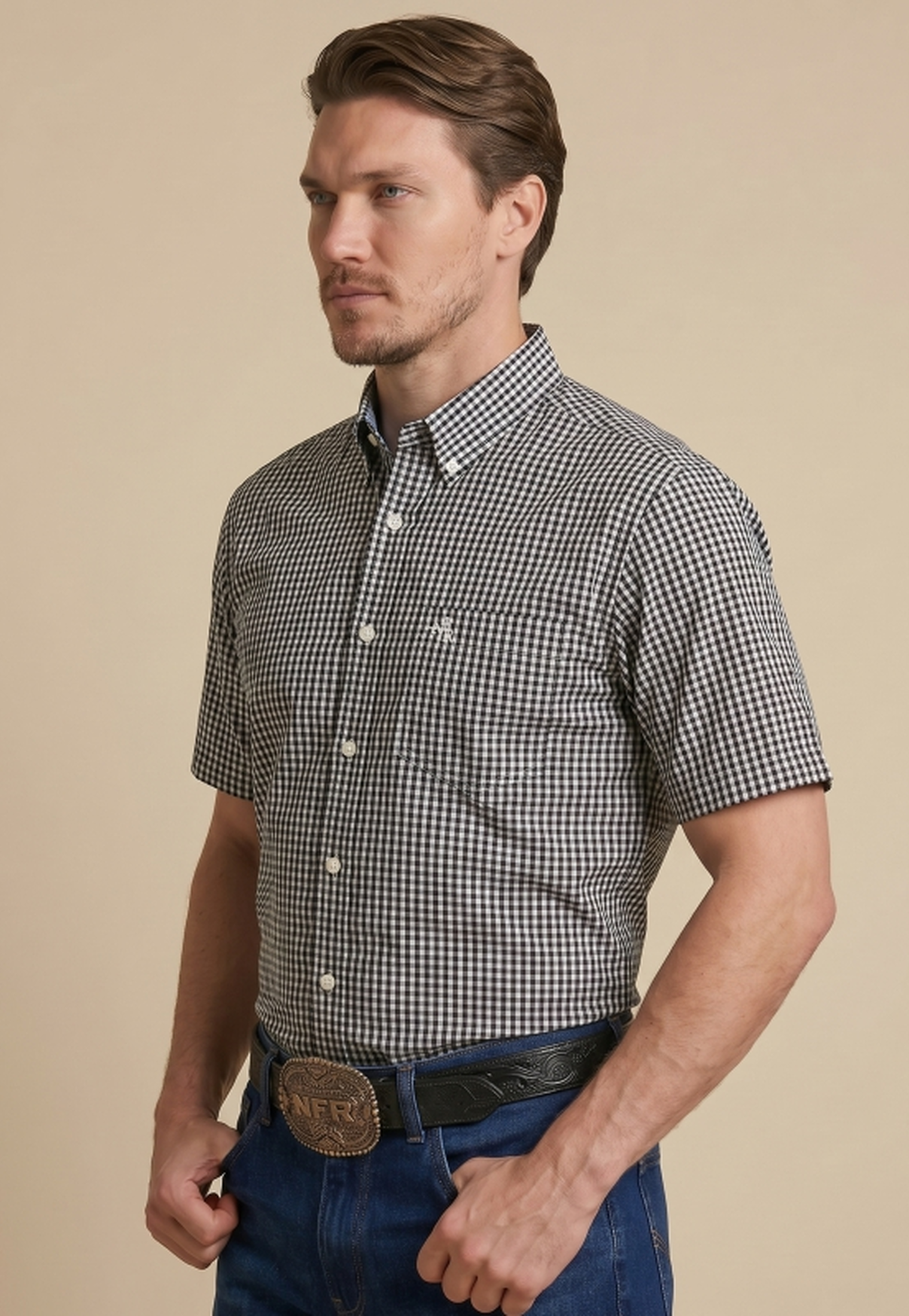 Camisa Masculina NFR Xadrez Black Premium Manga Curta