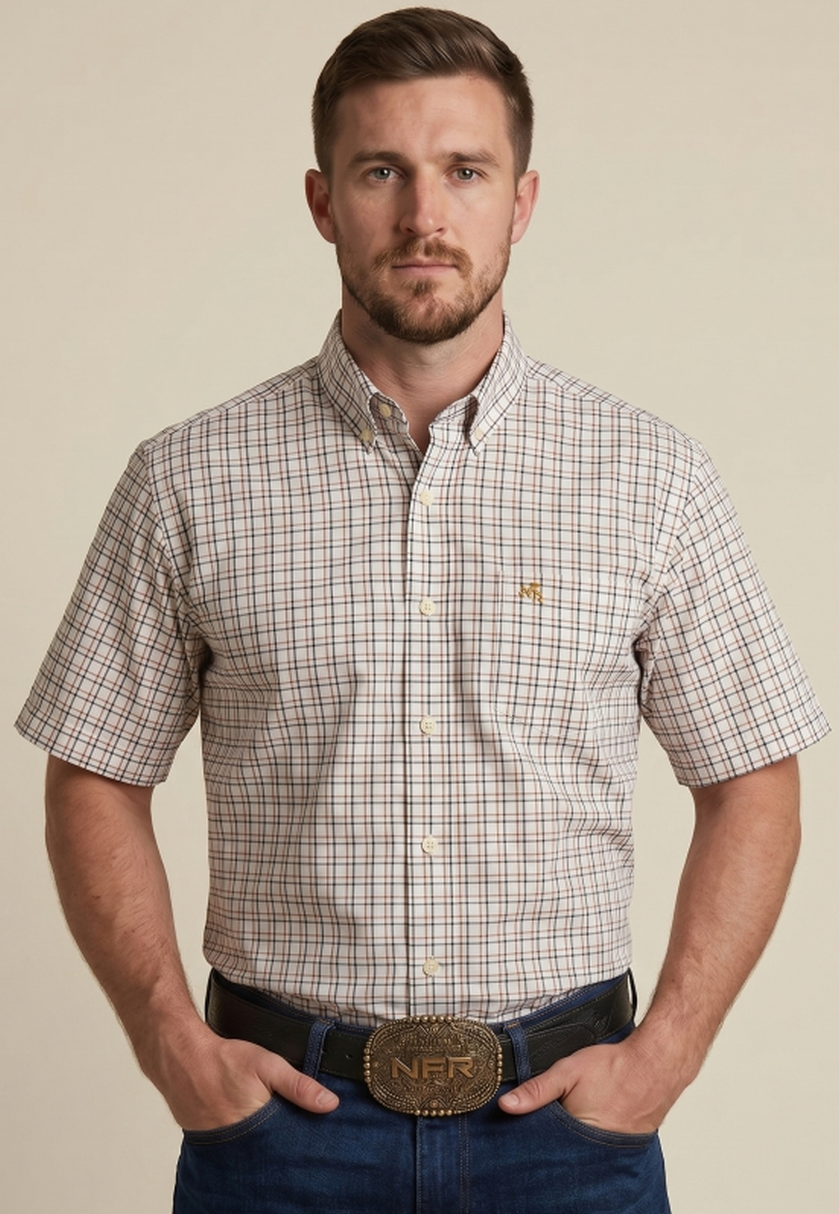 Camisa Masculina NFR Xadrez Areia Premium Manga Curta