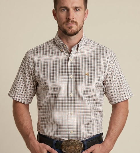 Camisa Masculina NFR Xadrez Areia Premium Manga Curta
