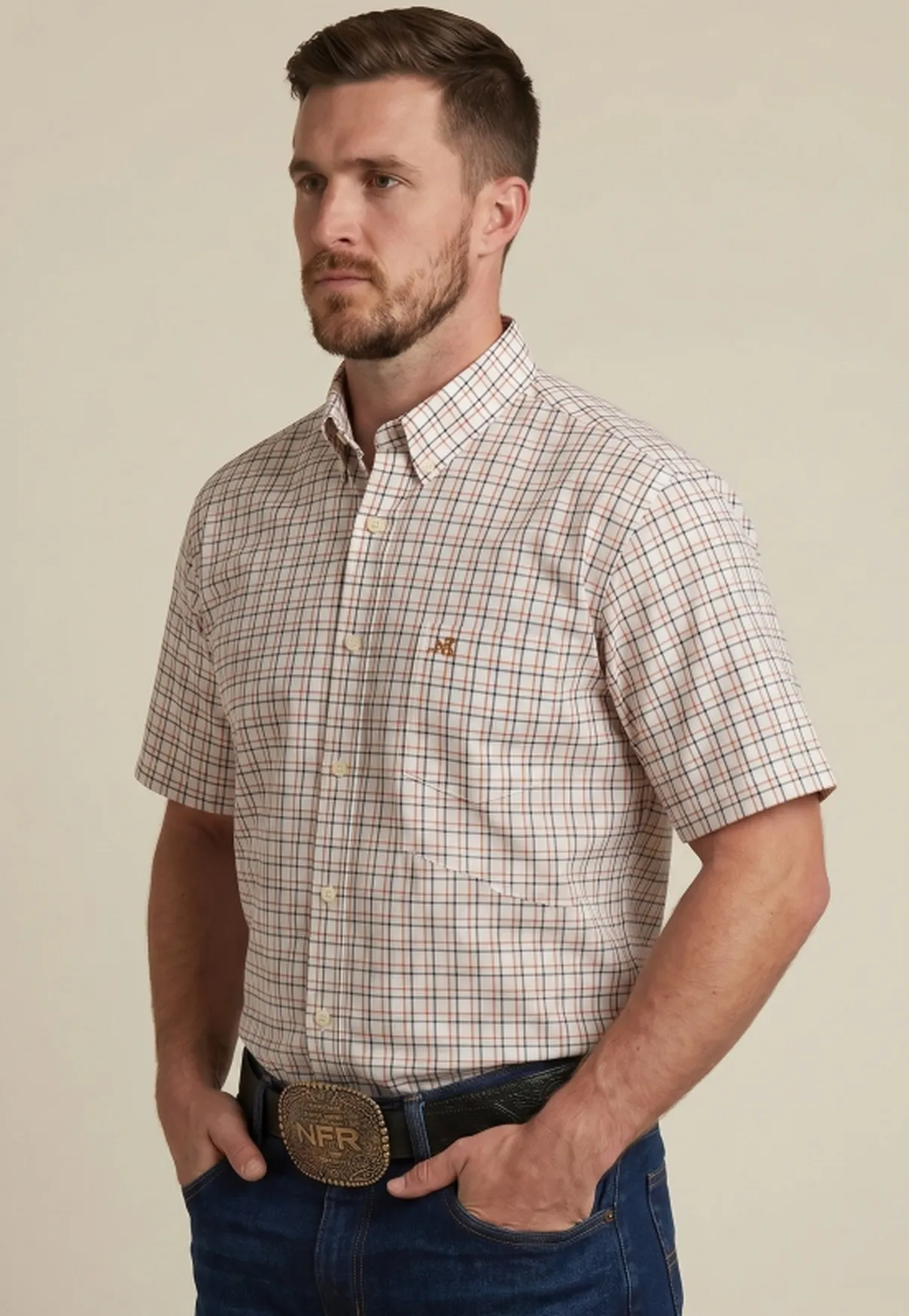 Camisa Masculina NFR Xadrez Areia Premium Manga Curta