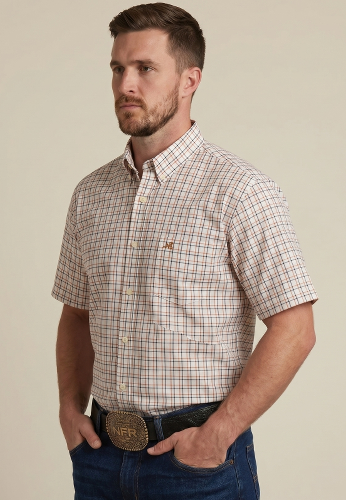Camisa Masculina NFR Xadrez Areia Premium Manga Curta