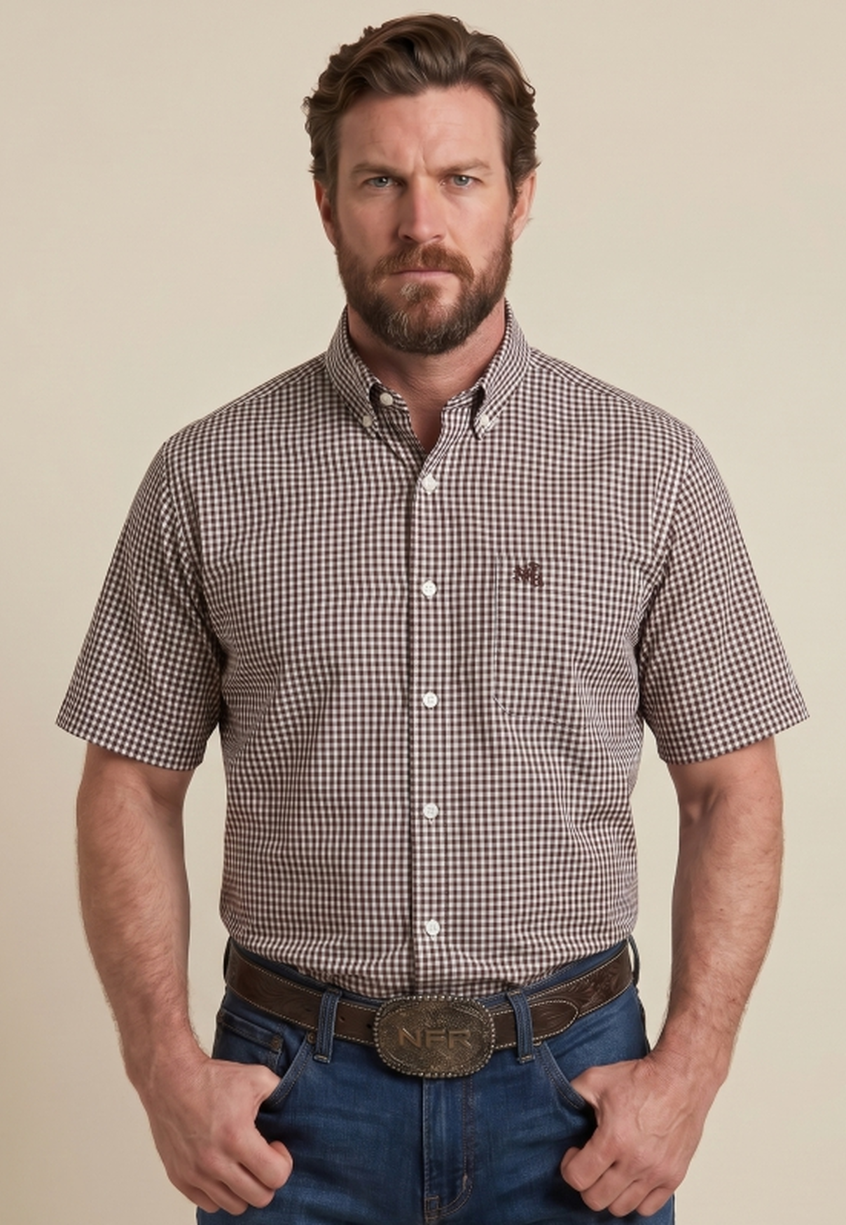 Camisa Masculina NFR Xadrez Brown Premium Manga Curta