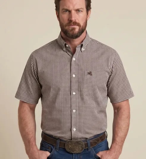 Camisa Masculina NFR Xadrez Brown Premium Manga Curta