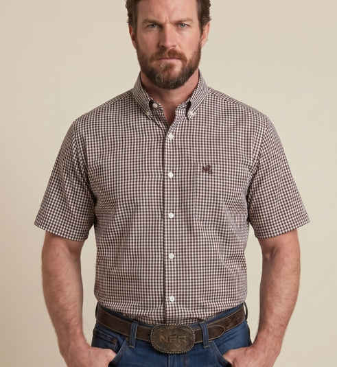 Camisa Masculina NFR Xadrez Brown Premium Manga Curta