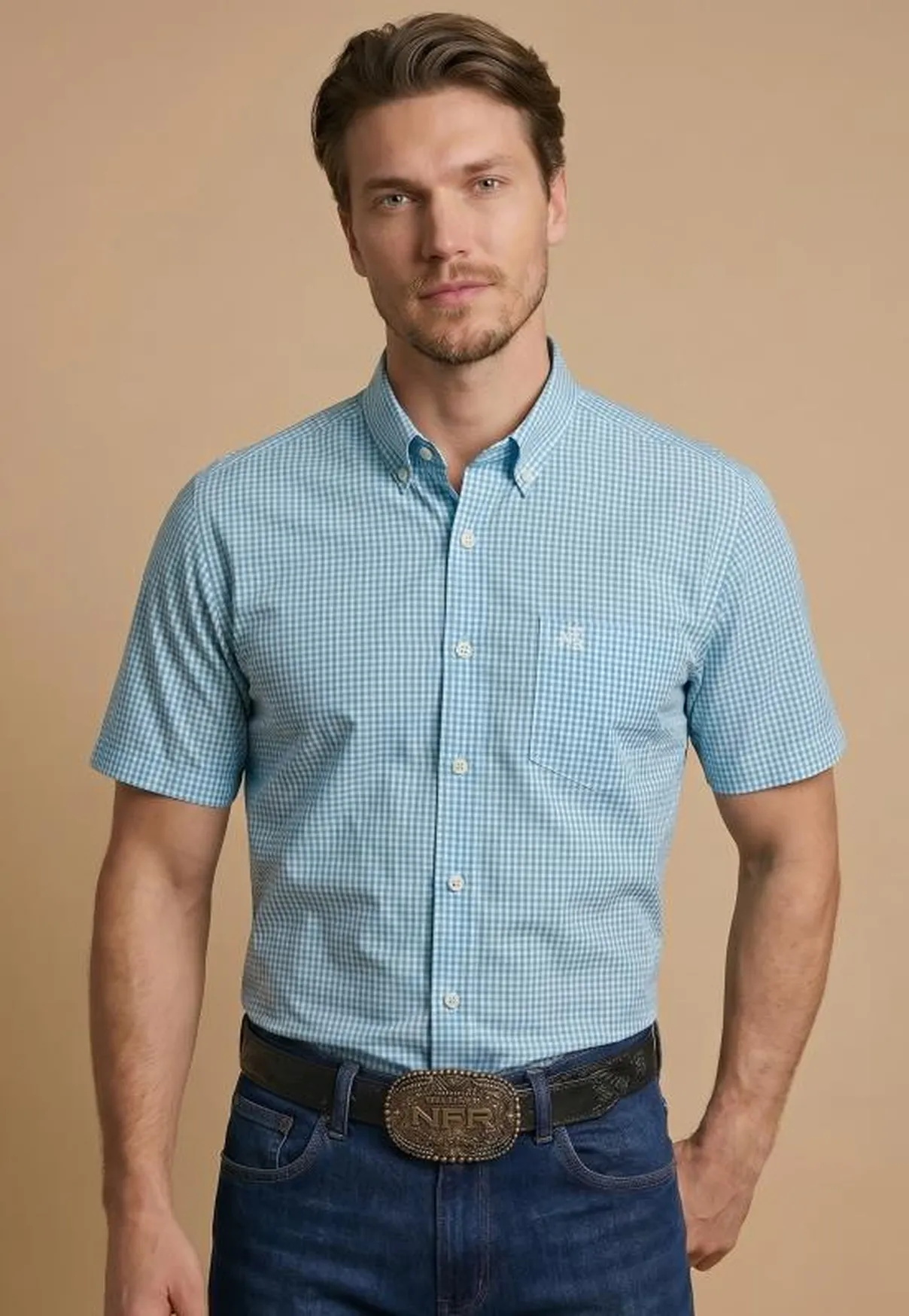 Camisa Masculina NFR Xadrez Sky Manga Curta