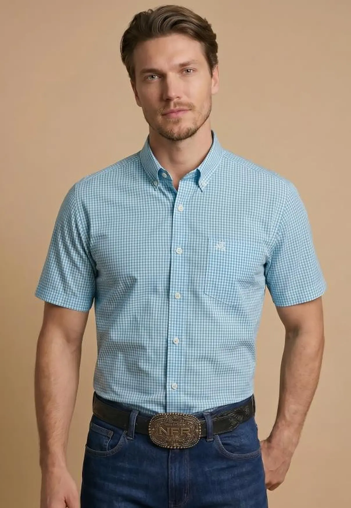 Camisa Masculina NFR Xadrez Sky Manga Curta