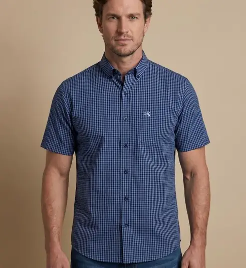 Camisa Masculina NFR Xadrez Azul Premium Manga Curta
