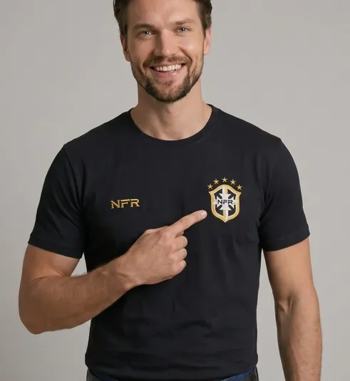 Camiseta NFR Brasil Premium – Preto com Bordado Dourado