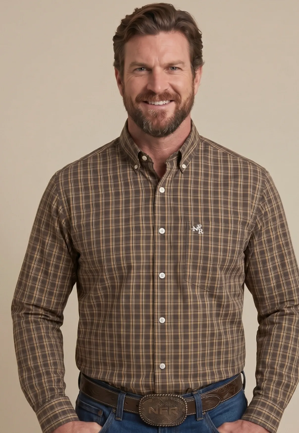 Camisa Masculina Manga Longa NFR Xadrez Marrom