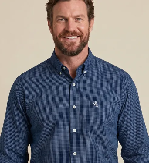 Camisa Masculina Manga Longa NFR Micro Xadrez Azul Marinho