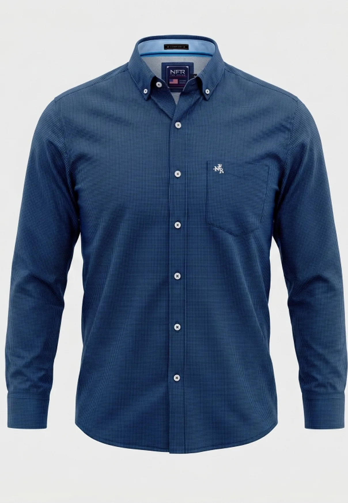 Camisa Masculina Manga Longa NFR Micro Xadrez Azul Marinho
