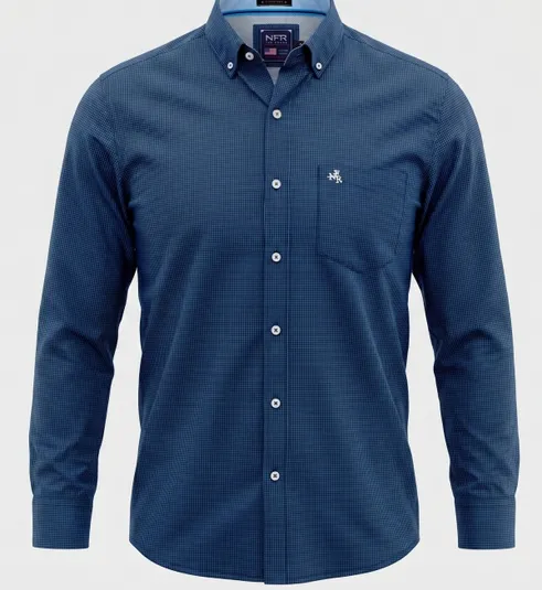 Camisa Masculina Manga Longa NFR Micro Xadrez Azul Marinho