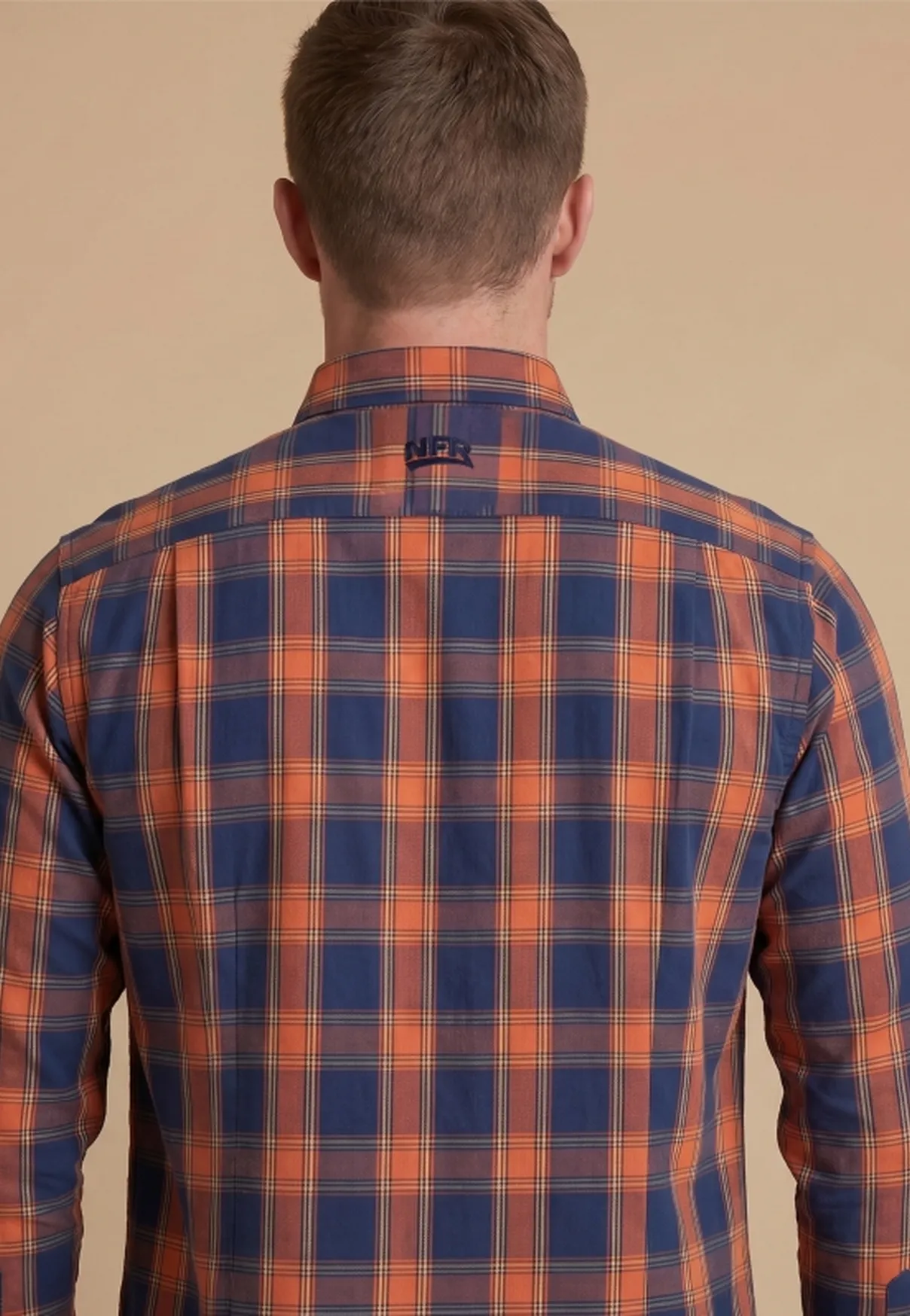 Camisa Masculina Manga Longa NFR Xadrez Azul e Laranja