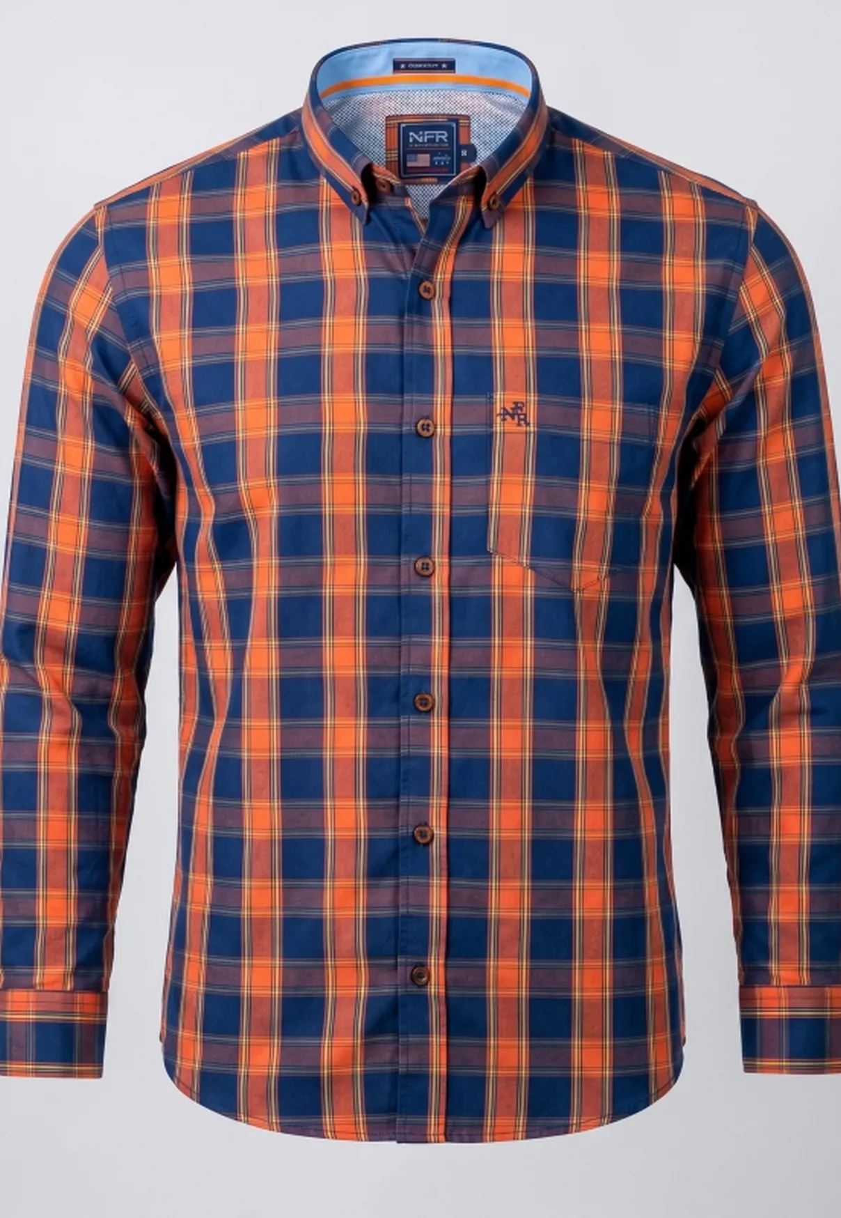 Camisa Masculina Manga Longa NFR Xadrez Azul e Laranja