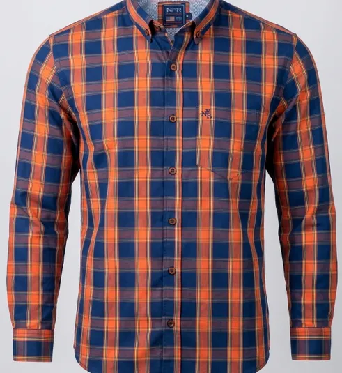 Camisa Masculina Manga Longa NFR Xadrez Azul e Laranja