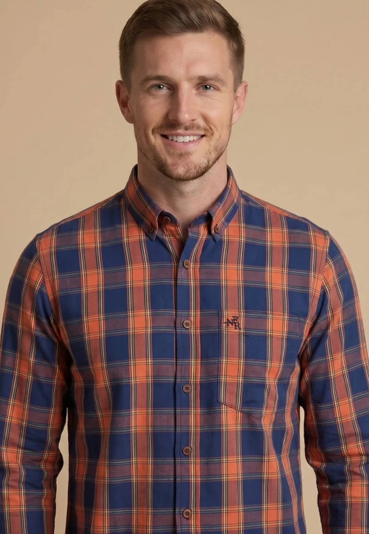 Camisa Masculina Manga Longa NFR Xadrez Azul e Laranja