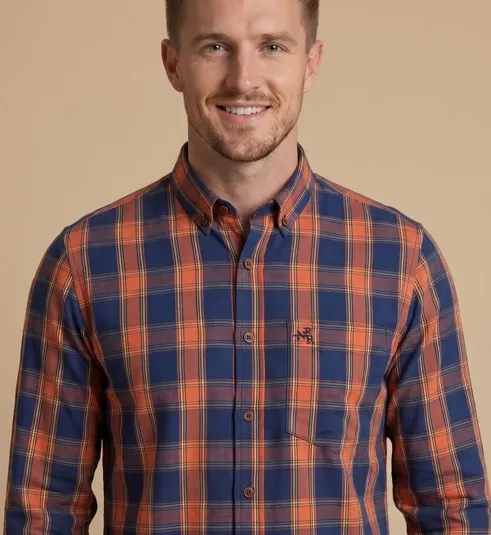 Camisa Masculina Manga Longa NFR Xadrez Azul e Laranja