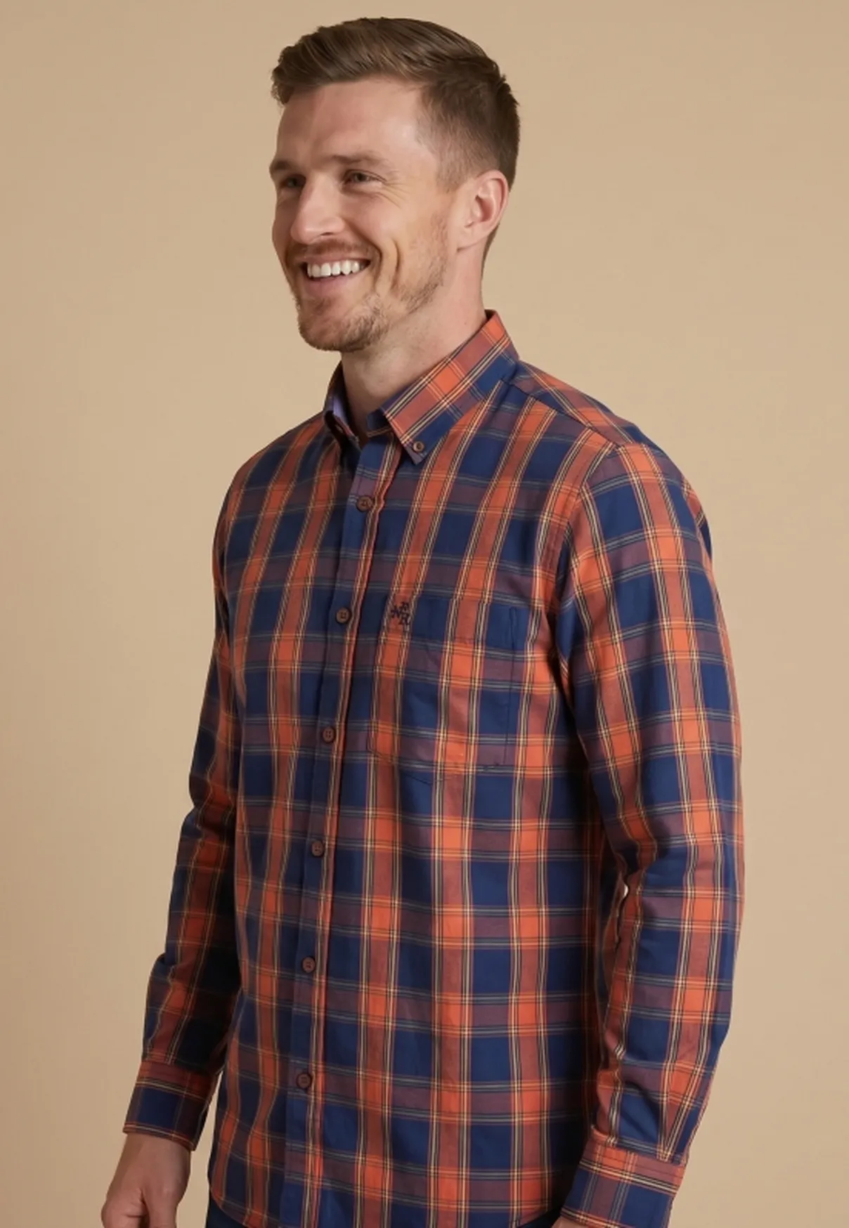 Camisa Masculina Manga Longa NFR Xadrez Azul e Laranja