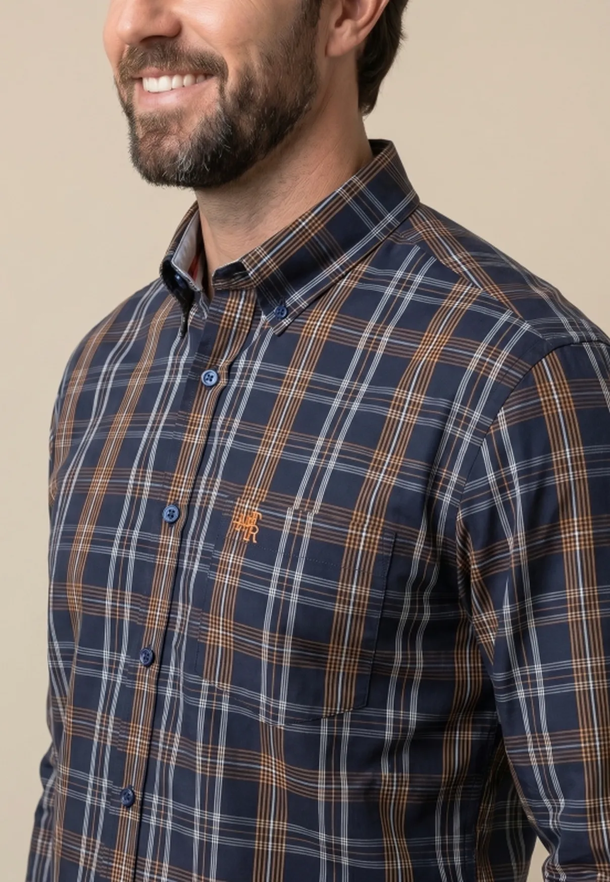 Camisa Masculina Manga Longa NFR Xadrez Azul Marinho e Caramelo