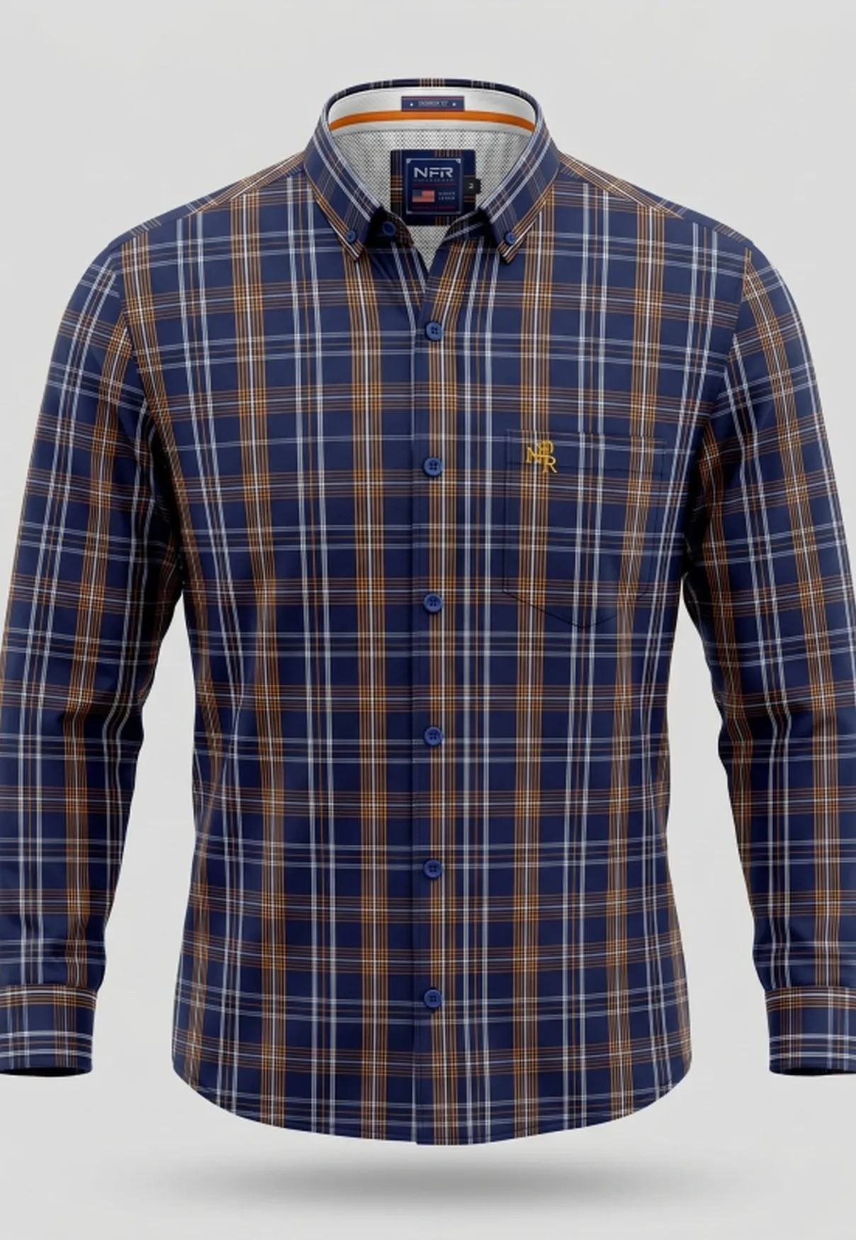 Camisa Masculina Manga Longa NFR Xadrez Azul Marinho e Caramelo