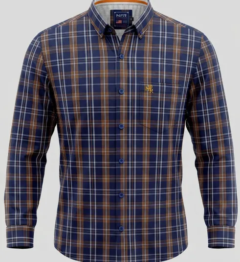 Camisa Masculina Manga Longa NFR Xadrez Azul Marinho e Caramelo