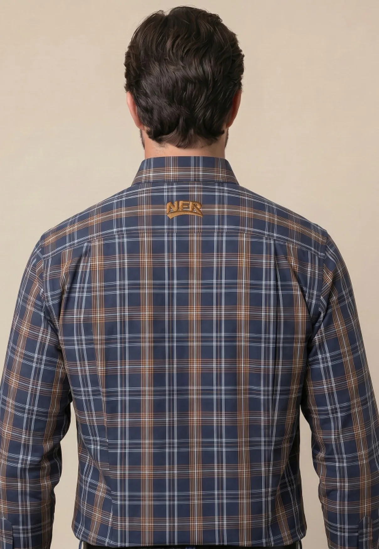 Camisa Masculina Manga Longa NFR Xadrez Azul Marinho e Caramelo