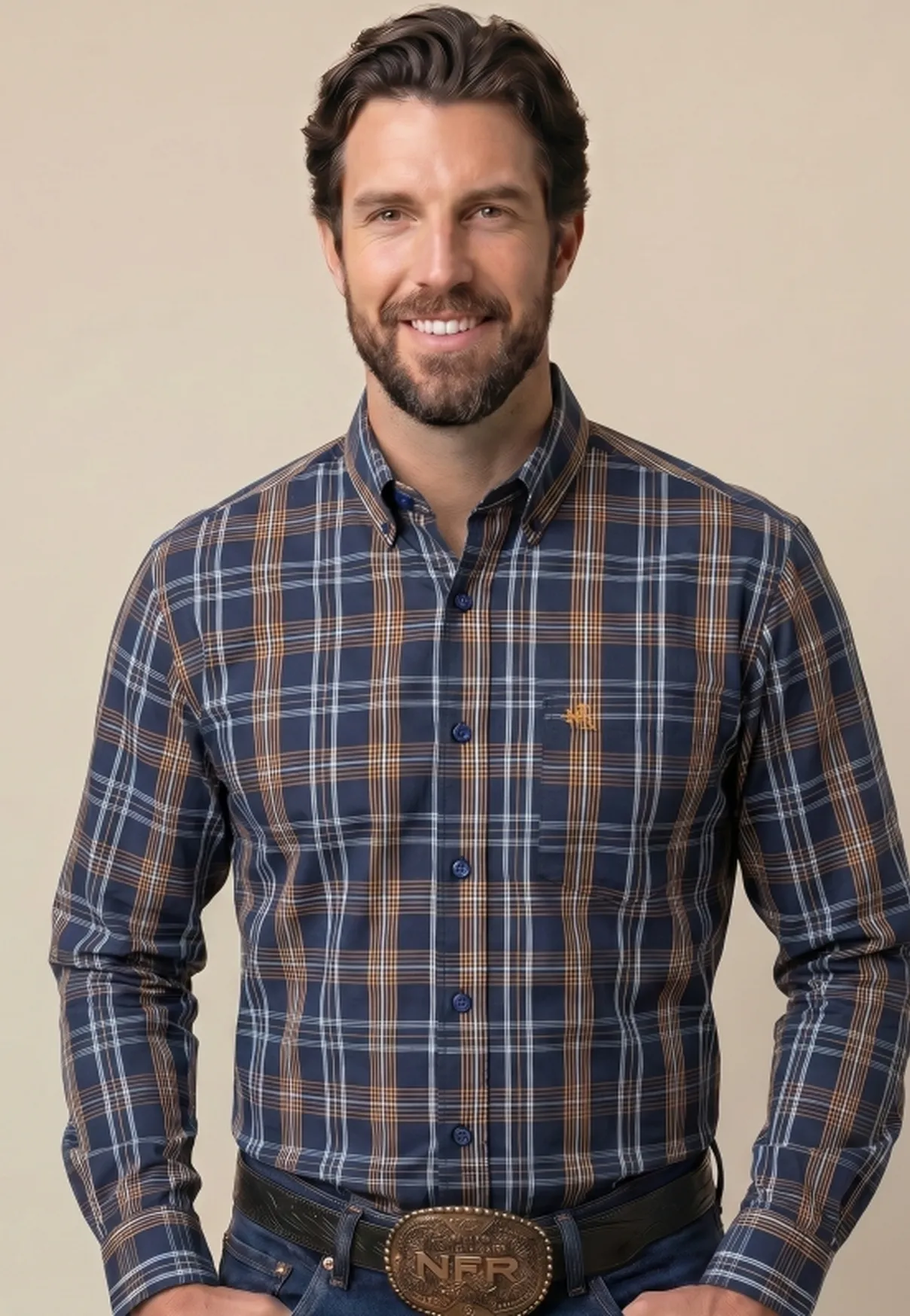 Camisa Masculina Manga Longa NFR Xadrez Azul Marinho e Caramelo