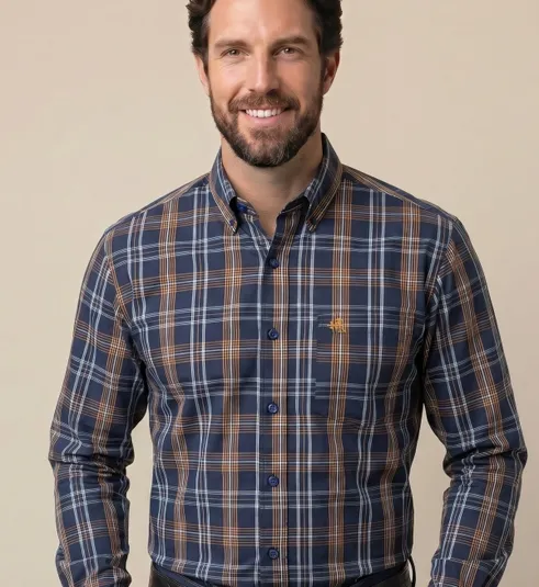 Camisa Masculina Manga Longa NFR Xadrez Azul Marinho e Caramelo