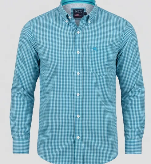 Camisa Masculina Manga Longa NFR Xadrez Turquesa