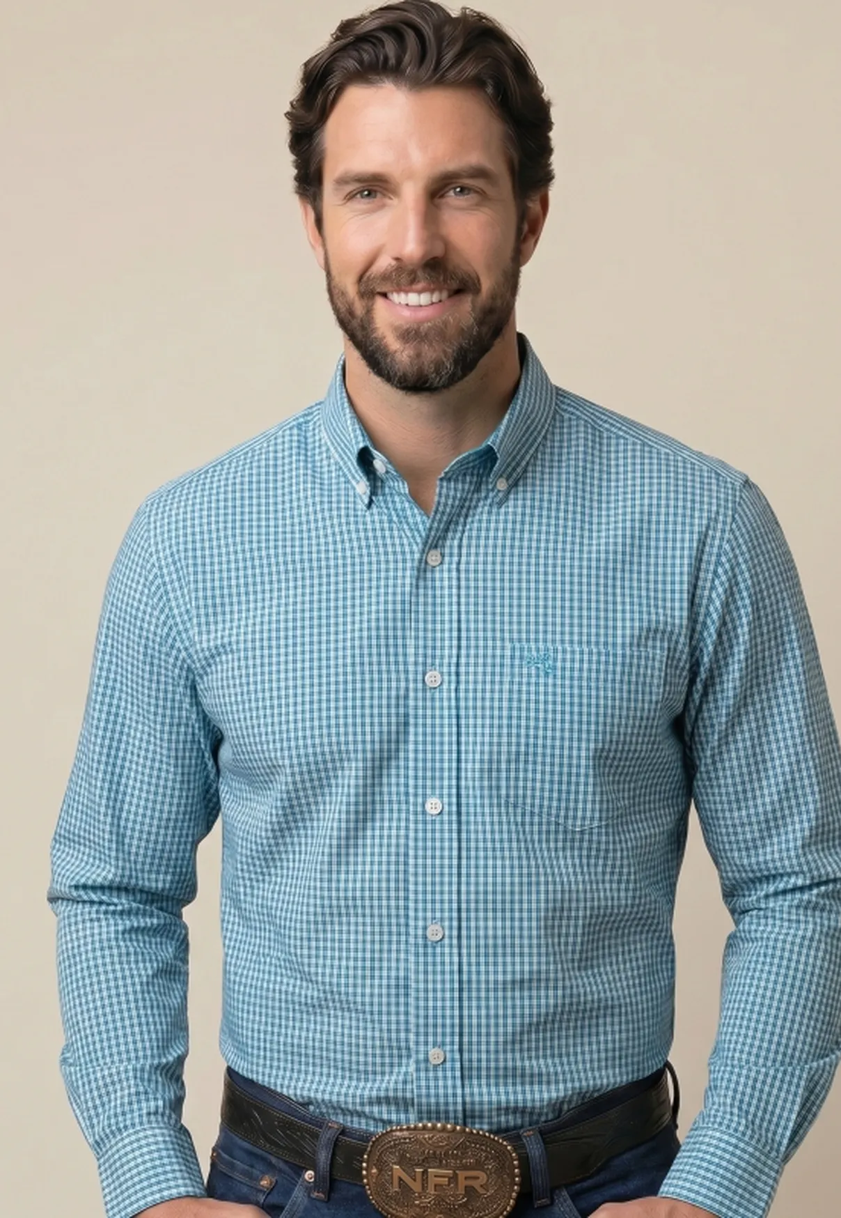 Camisa Masculina Manga Longa NFR Xadrez Turquesa