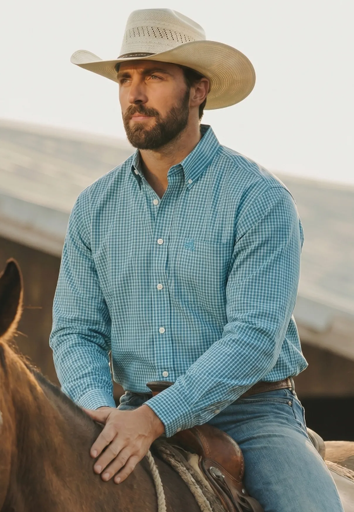 Camisa Masculina Manga Longa NFR Xadrez Turquesa