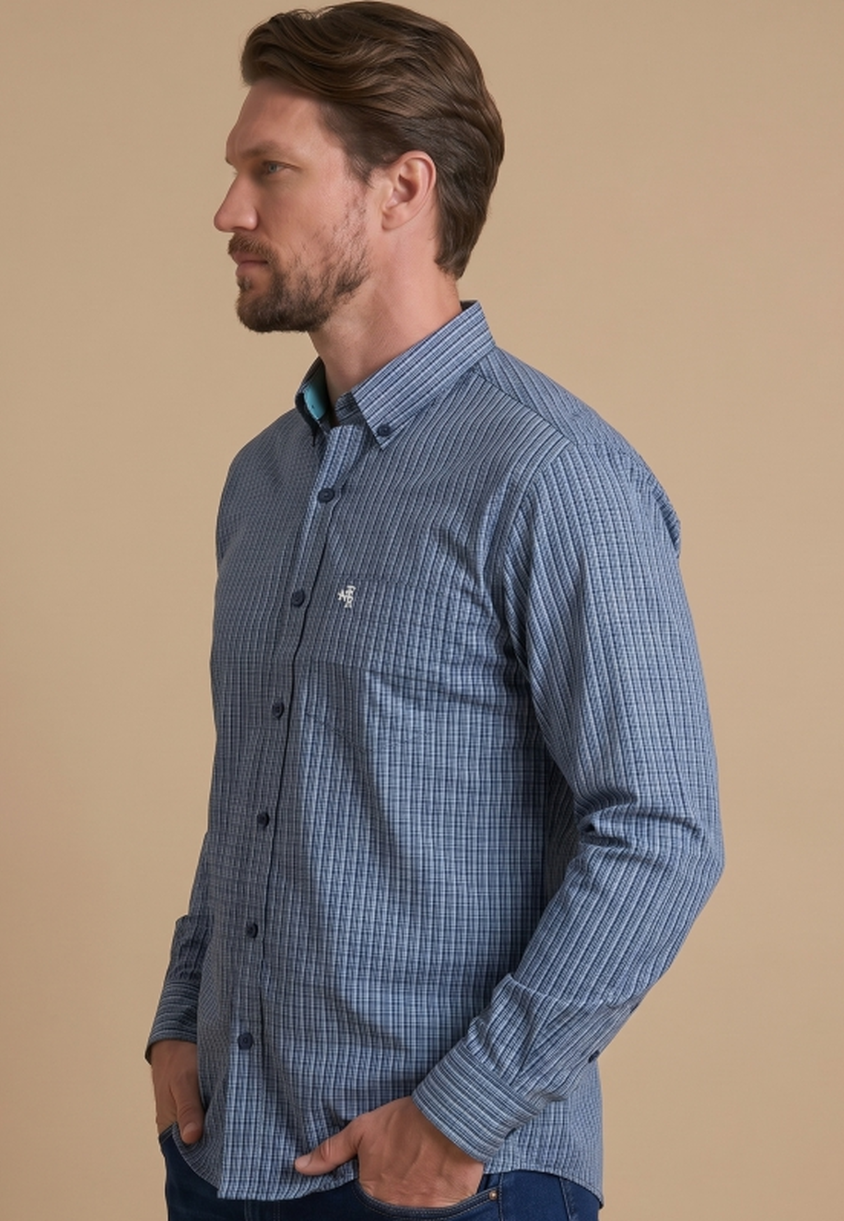 Camisa Masculina Manga Longa NFR Xadrez Azul