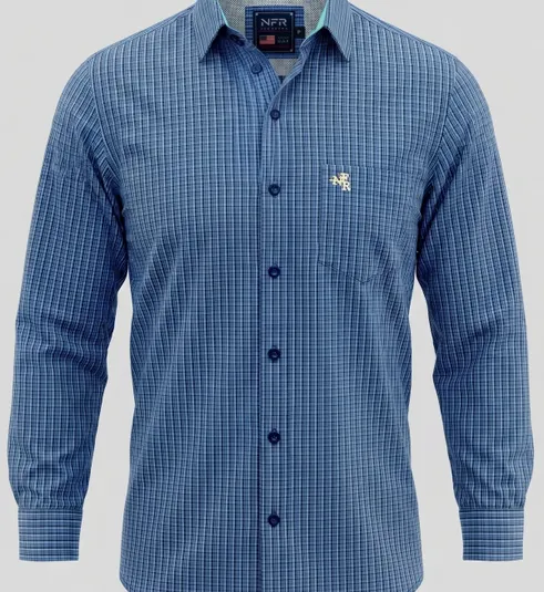Camisa Masculina Manga Longa NFR Xadrez Azul
