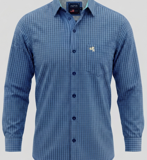 Camisa Masculina Manga Longa NFR Xadrez Azul