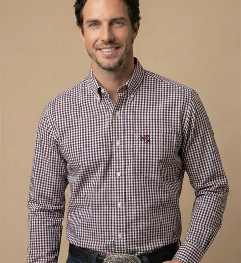 Camisa Masculina NFR Xadrez Premium – Bordô e Azul