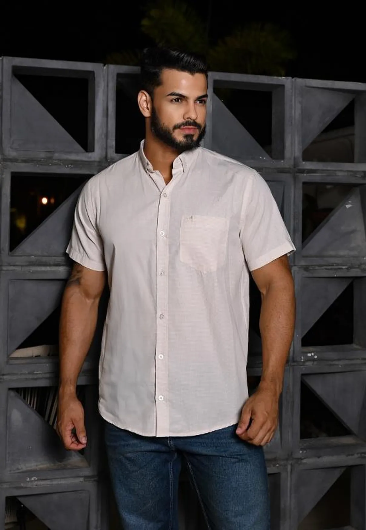 Camisa Masculina Comfort Manga Curta NFR – Bege Claro
