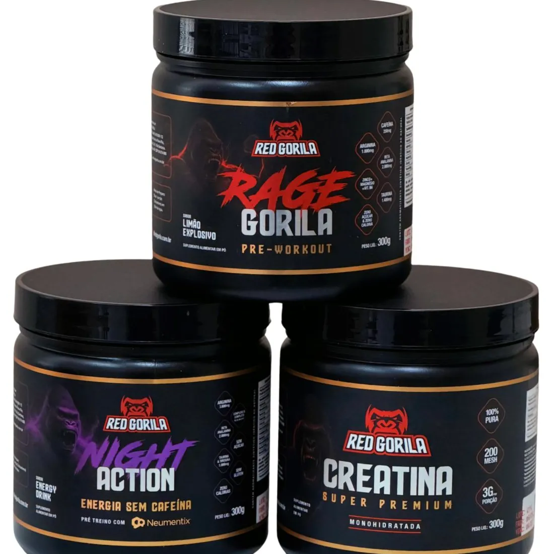 Combo Trinca Gorila | Creatina + Pré-Treino Rage + Night Action
