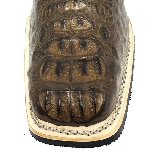 Bota De Couro De Jacaré Tabaco - Cano Curto, Bico Quadrado, Solado X-Flex Artesanal