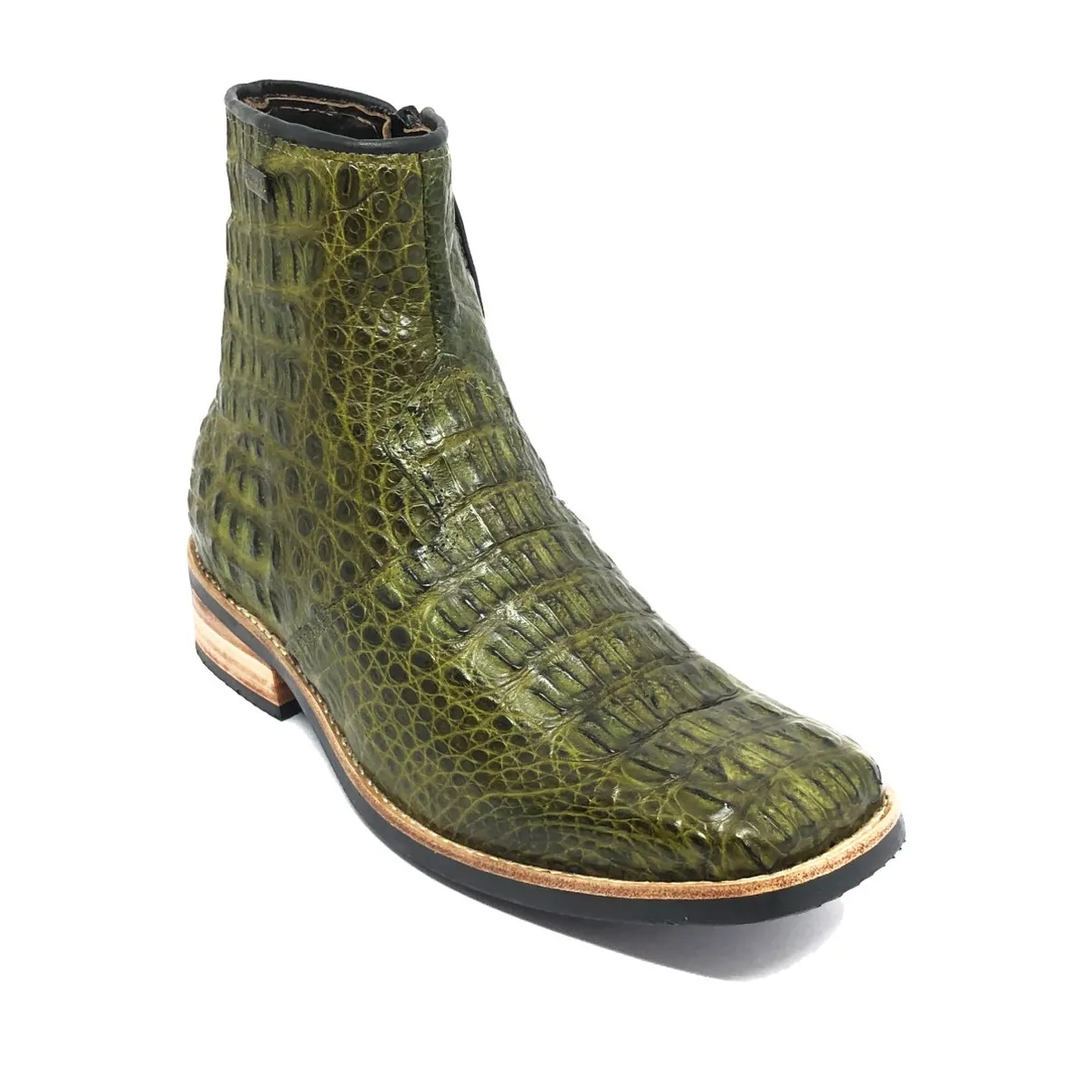 Bota de Couro de Jacaré Verde Musgo - Cano Curto, Bico Quadrado, Solado C-Flex Artesanal