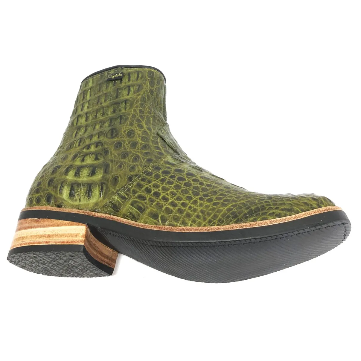 Bota de Couro de Jacaré Verde Musgo - Cano Curto, Bico Quadrado, Solado C-Flex Artesanal